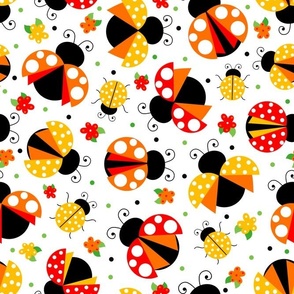 Large Scale Ladybugs and Flowers in Red Orange Yellow