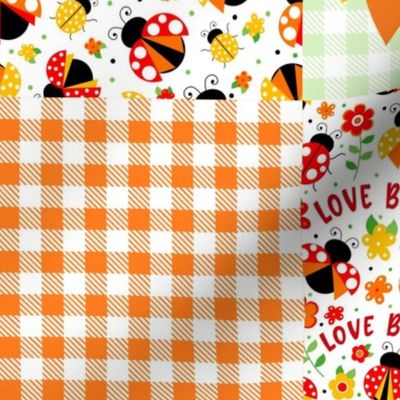 Bigger Scale Patchwork 6" Squares Love Bug Ladybugs in Red Orange Yellow for Cheater Quilt or Blanket