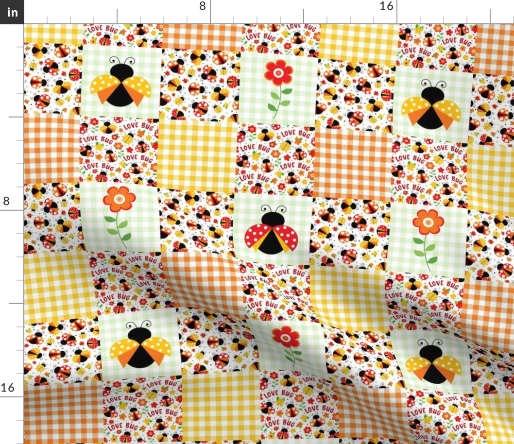 Smaller Scale Patchwork 3" Squares Love Bug Ladybugs in Red Orange Yellow for Cheater Quilt or Blanket