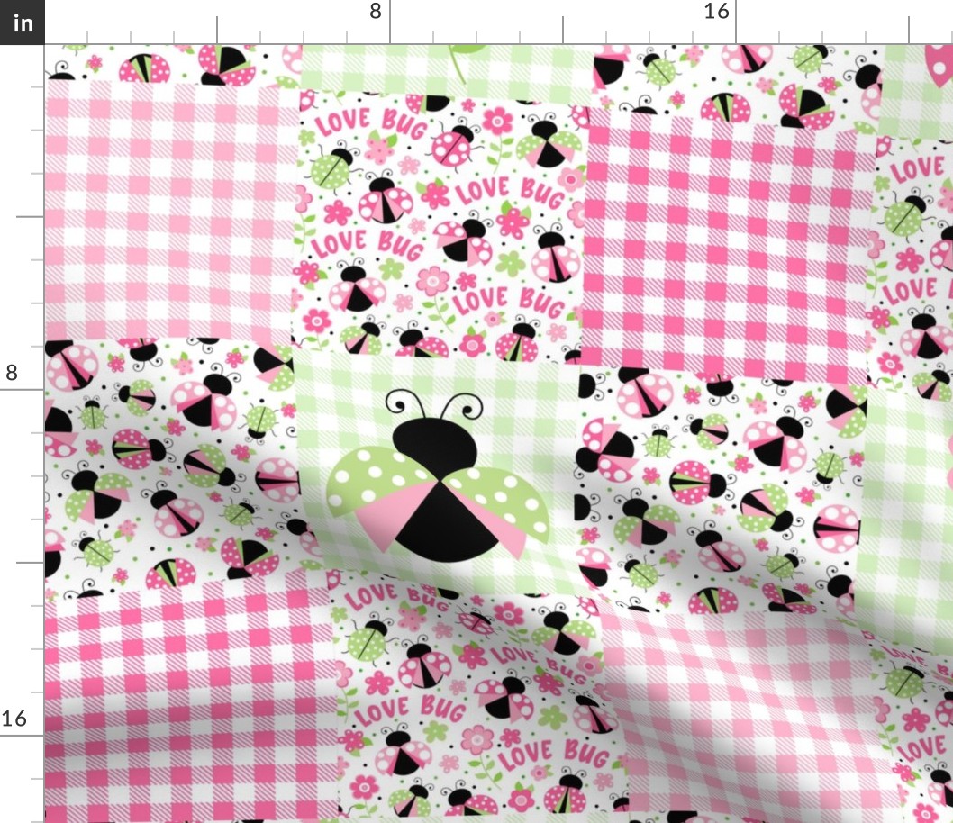 Bigger Scale Patchwork 6" Squares Love Bug Ladybugs Flowers and Gingham in Pink and Green for Cheater Quilt or Blanket