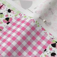 Smaller Scale Patchwork 3" Squares Love Bug Ladybugs Flowers and Gingham in Pink and Green for Cheater Quilt or Blanket