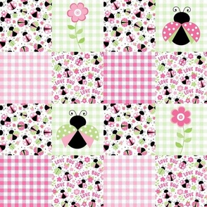 Smaller Scale Patchwork 3" Squares Love Bug Ladybugs Flowers and Gingham in Pink and Green for Cheater Quilt or Blanket