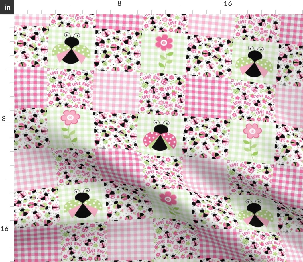 Smaller Scale Patchwork 3" Squares Love Bug Ladybugs Flowers and Gingham in Pink and Green for Cheater Quilt or Blanket