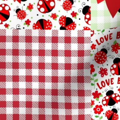 Bigger Scale Patchwork 6" Squares Love Bug Ladybugs Flowers and Gingham in Red and Green for Cheater Quilt or Blanket