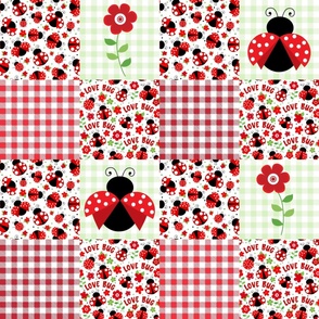 Bigger Scale Patchwork 6" Squares Love Bug Ladybugs Flowers and Gingham in Red and Green for Cheater Quilt or Blanket