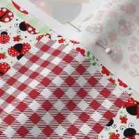 Smaller Scale Patchwork 6" Squares Love Bug Ladybugs Flowers and Gingham in Red and Green for Cheater Quilt or Blanket