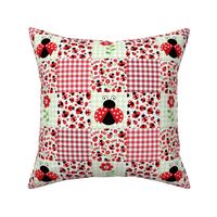 Smaller Scale Patchwork 6" Squares Love Bug Ladybugs Flowers and Gingham in Red and Green for Cheater Quilt or Blanket