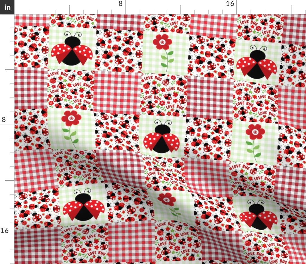 Smaller Scale Patchwork 6" Squares Love Bug Ladybugs Flowers and Gingham in Red and Green for Cheater Quilt or Blanket