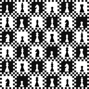 Medium Scale Chess Chessmen Game Pieces on Checkerboard in Black and White