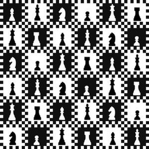 Small Scale Chess Chessmen Game Pieces on Checkerboard in Black and White