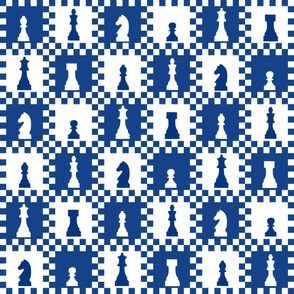 Large Scale Chess Chessmen Game Pieces on Checkerboard in Navy and White