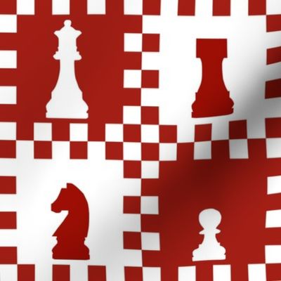 Large Scale Chess Chessmen Game Pieces on Checkerboard in Red and White