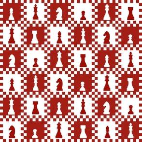 Large Scale Chess Chessmen Game Pieces on Checkerboard in Red and White