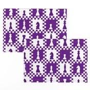 Large Scale Chess Chessmen Game Pieces on Checkerboard in Purple and White