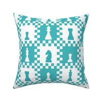 Large Scale Chess Chessmen Game Pieces on Checkerboard in Turquoise and White