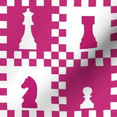 Large Scale Chess Chessmen Game Pieces on Checkerboard in Bubblegum Pink and White