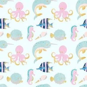 Small Scale Pastel Sea Creatures Ocean Life Fish Octopus Narwhal Pink Aqua