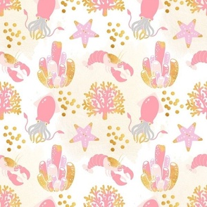 Medium Scale Sea Life Pastel Pink and Gold Ocean Coral Shells Starfish Lobster Squid