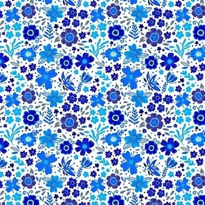 Small Scale Blue Navy White Folk Flowers