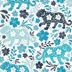 Medium Scale Water Tiger Navy Blue Aqua Big Cats Flowers Chinese Zodiac Year of the Tiger