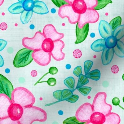 Large Scale Bright Pink and Blue Watercolor Flowers