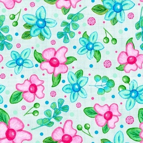 Large Scale Bright Pink and Blue Watercolor Flowers