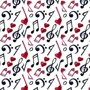 Small Scale Black and Red Heart Music Notes Treble Clefs