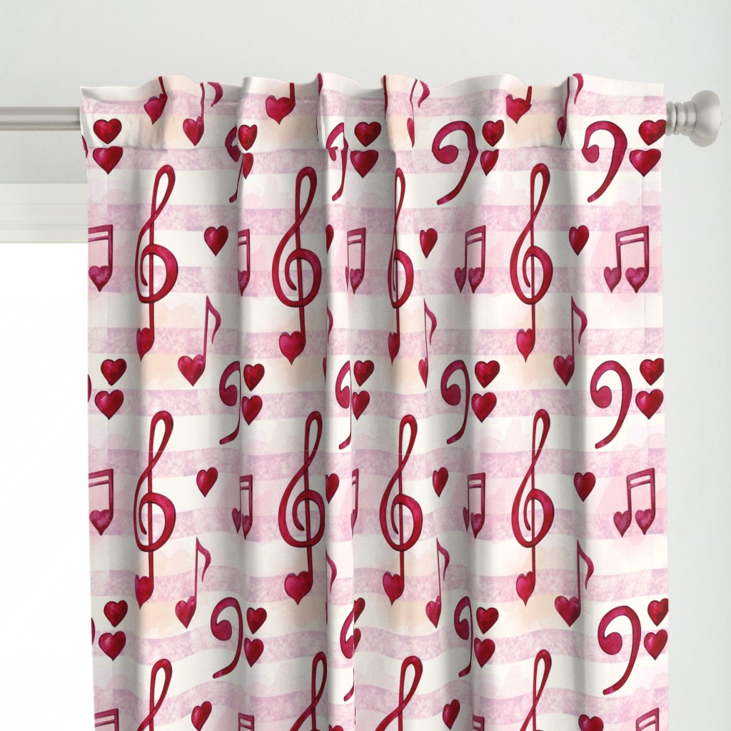 Large Scale Red Heart Music Notes Treble Clefs on Pink Watercolor Stripes Sheet Music 