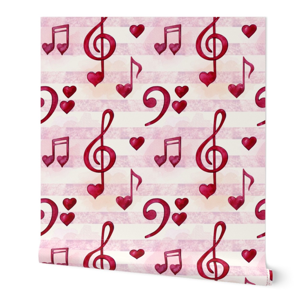 Large Scale Red Heart Music Notes Treble Clefs on Pink Watercolor Stripes Sheet Music 