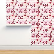 Large Scale Red Heart Music Notes Treble Clefs on Pink Watercolor Stripes Sheet Music 