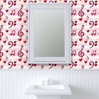 Large Scale Red Heart Music Notes Treble Clefs on Pink Watercolor Stripes Sheet Music 