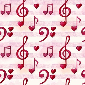 Large Scale Red Heart Music Notes Treble Clefs on Pink Watercolor Stripes Sheet Music 