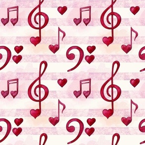 Medium Scale Red Heart Music Notes Treble Clefs on Pink Watercolor Stripes Sheet Music 