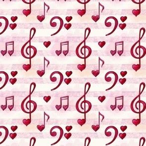 Small Scale Red Heart Music Notes Treble Clefs on Pink Watercolor Stripes Sheet Music 