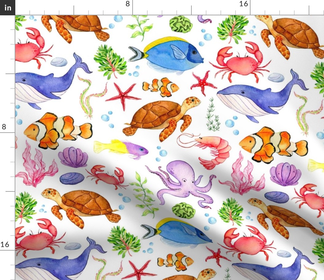 Large Scale Under the Sea Colorful Ocean Creatures on White 