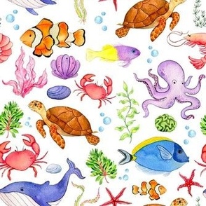 Medium Scale Under the Sea Colorful Ocean Creatures on White