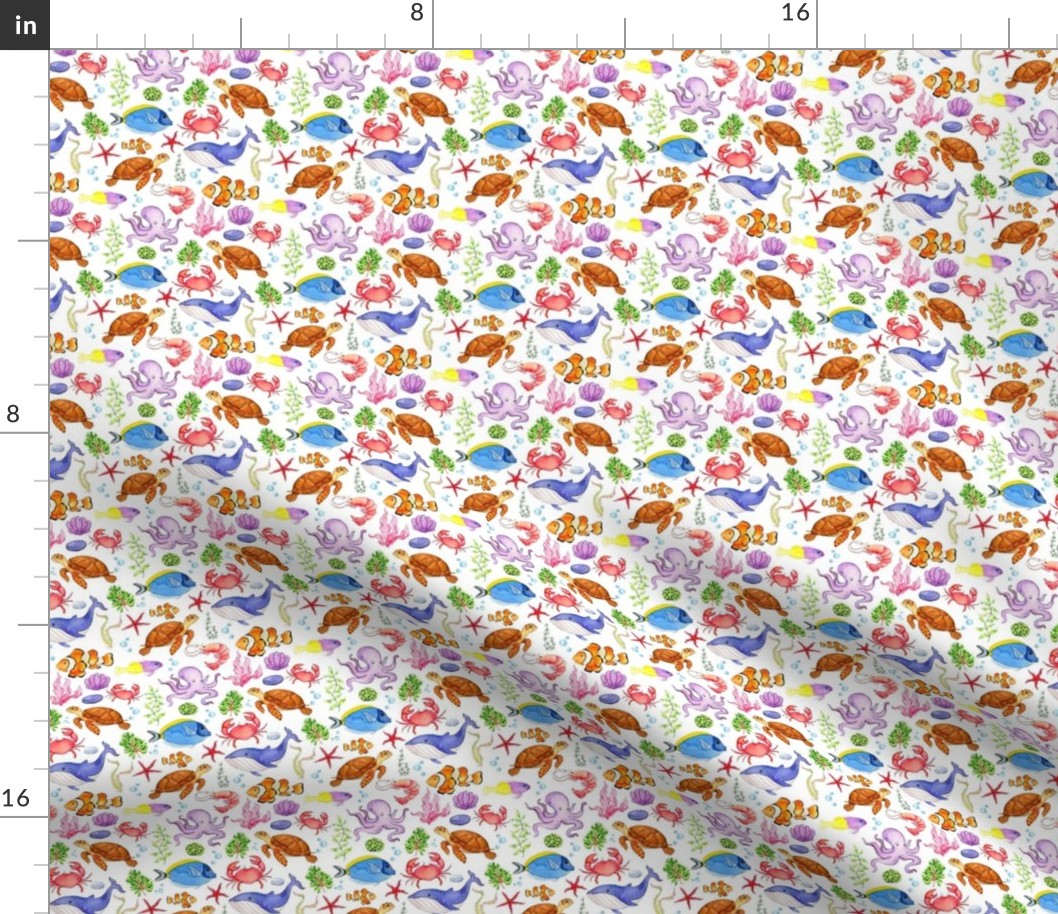 Small Scale Under the Sea Colorful Ocean Creatures on White