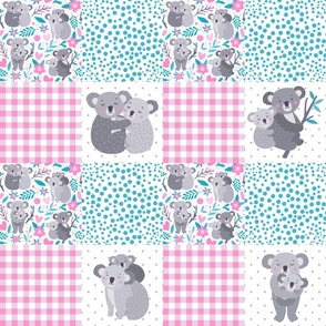 Bigger Patchwork 6" Squares Koala Family Mom Dad and Baby Pink Flowers Aqua Turquoise Grey for Blanket or Cheater Quilt