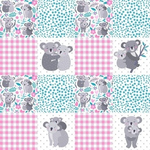 Smaller Patchwork 3" Squares Koala Family Mom Dad and Baby Pink Flowers Aqua Turquoise Grey for Blanket or Cheater Quilt