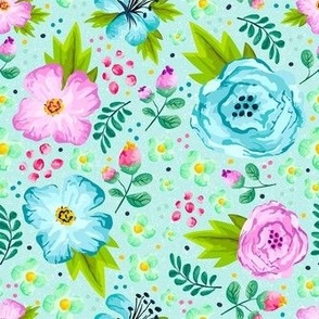 Medium Scale Watercolor Rose Pink and Baby Blue Colorful Spring Floral