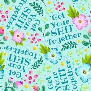 Medium Scale Get Your Shit Together Sarcastic Sweary Adult Humor Pink and Blue Watercolor Floral