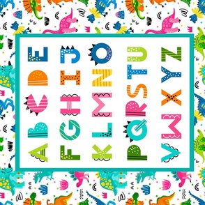 Large 27x18 Fat Quarter Panel Colorful Dinosaur World Alphabet for Wall Hanging or Hand Tea Towel