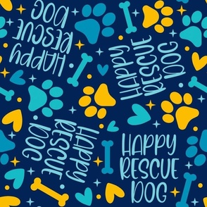 Large Scale Happy Rescue Dog Paw Prints Bones Hearts on Navy