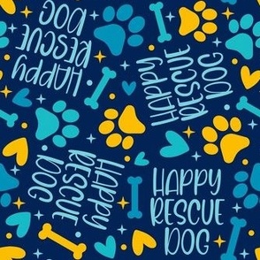 Medium Scale Happy Rescue Dog Paw Prints Bones Hearts on Navy
