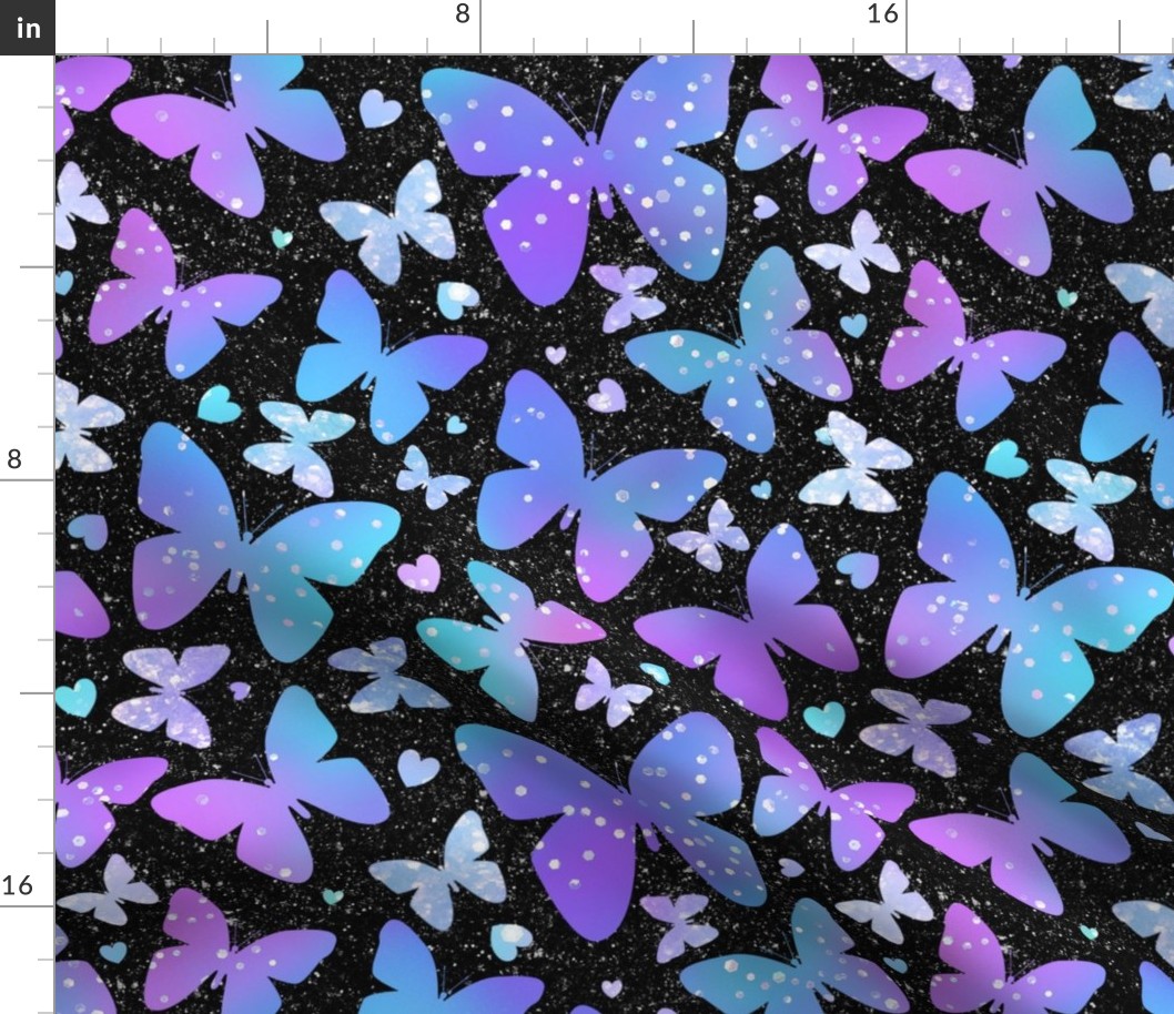 Large Scale Sparkling Butterflies and Hearts on Black