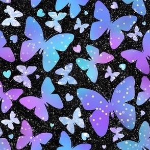 Medium Scale Sparkling Butterflies and Hearts on Black