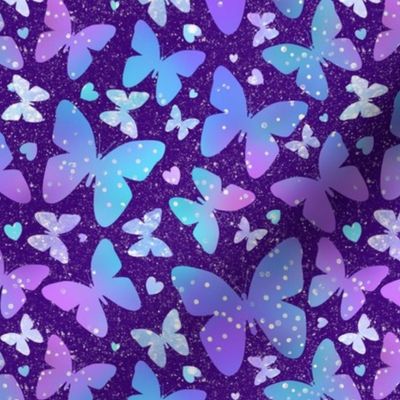 Medium Scale Sparkling Butterflies and Hearts on Purple Girly Y2K