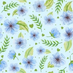 Medium Scale Blue Watercolor Flowers Leaves Hearts