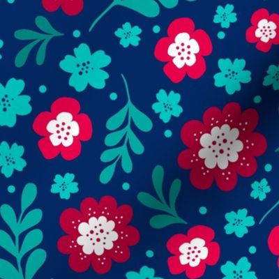 Large Scale Red Aqua Turquoise Blue Fun Floral on Navy