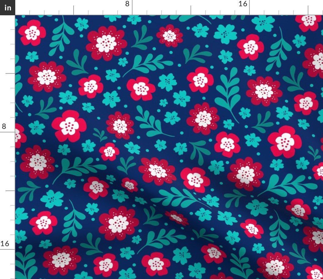 Large Scale Red Aqua Turquoise Blue Fun Floral on Navy